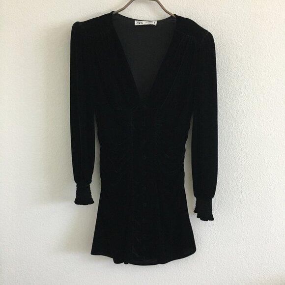 Zara Dresses & Skirts - Zara Black Velvet Dress Womens Small Deep V Neck Front Buttons Long Sleeves